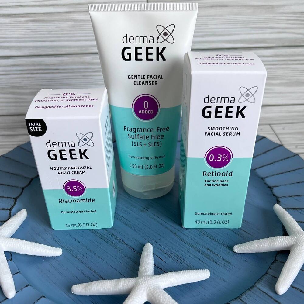 NEW dermaGeek Facial Cleanser Smoothing Serum Night Cream Skincare Set